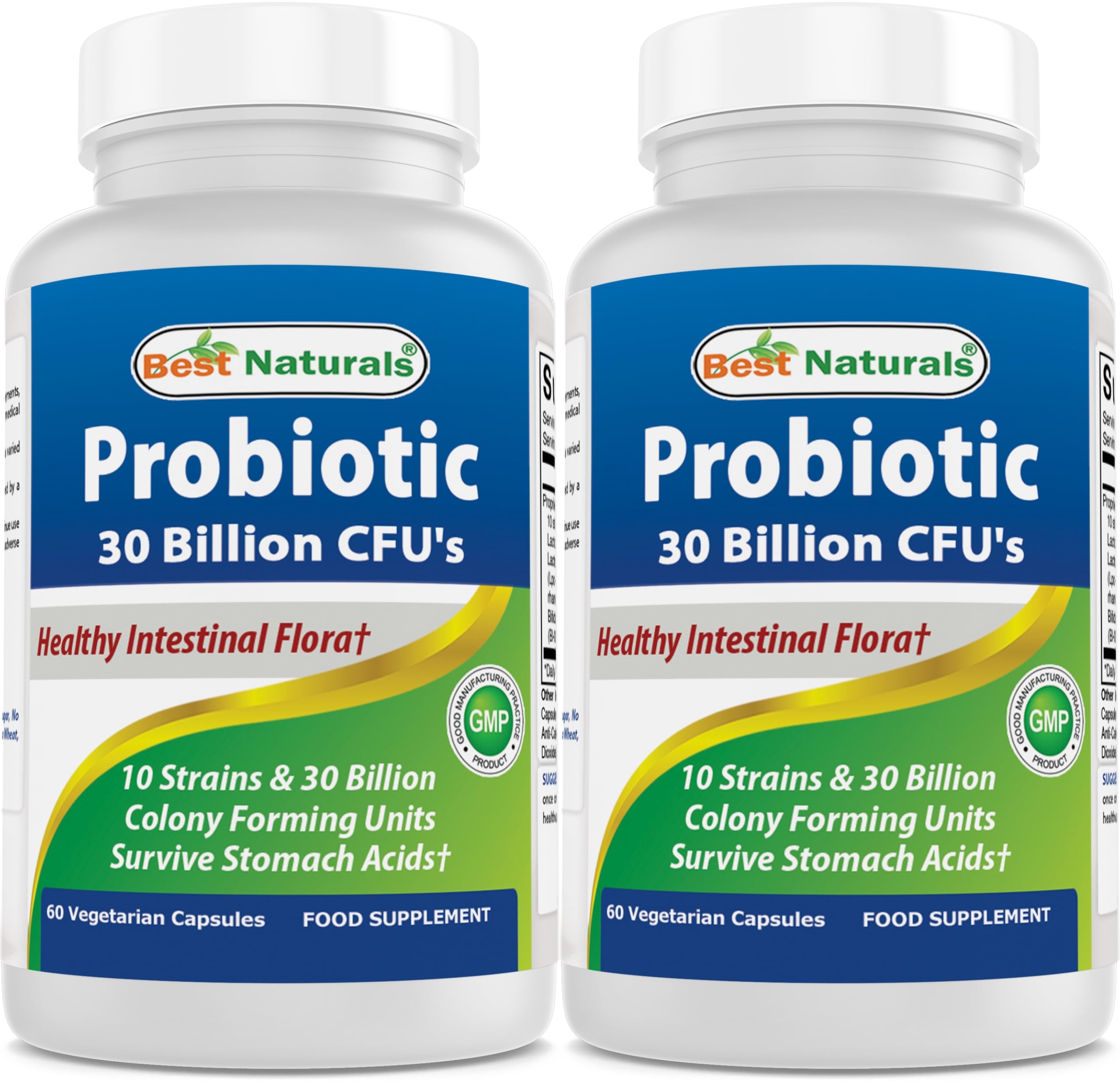 Best Naturals probiotic bottle illustrating 10 strains with 30B CFU per bottle for daily gut balance.
