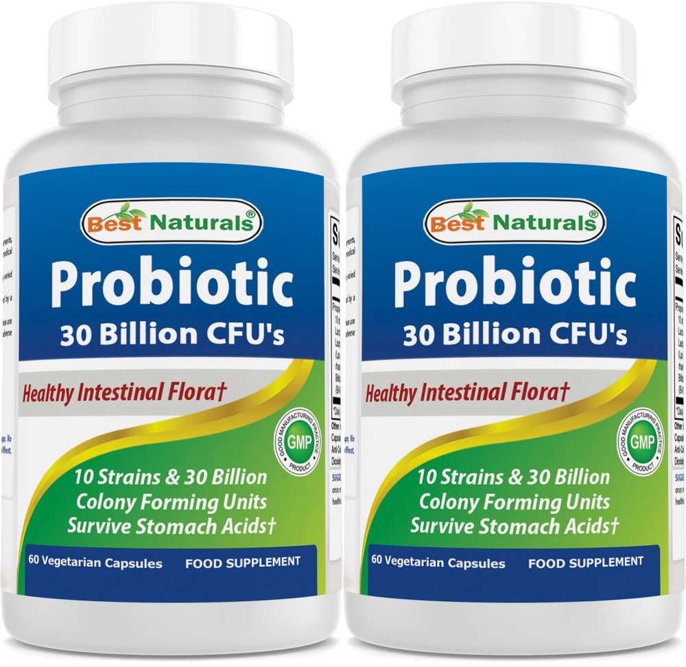Best Naturals probiotic bottle illustrating 10 strains with 30B CFU per bottle for daily gut balance.