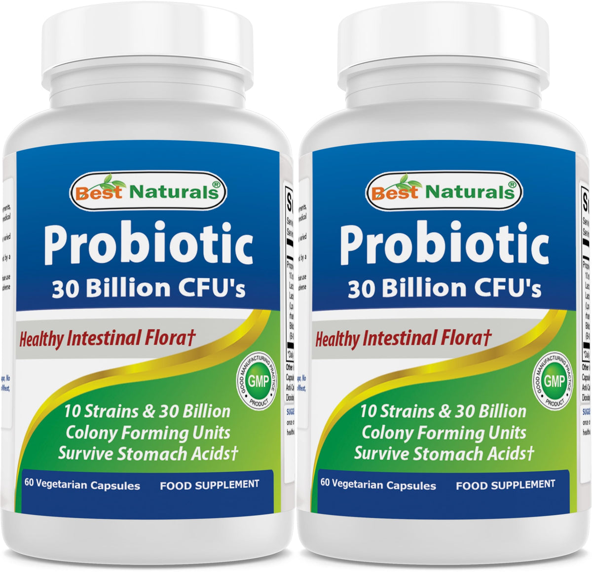 Best Naturals probiotic bottle illustrating 10 strains with 30B CFU per bottle for daily gut balance.