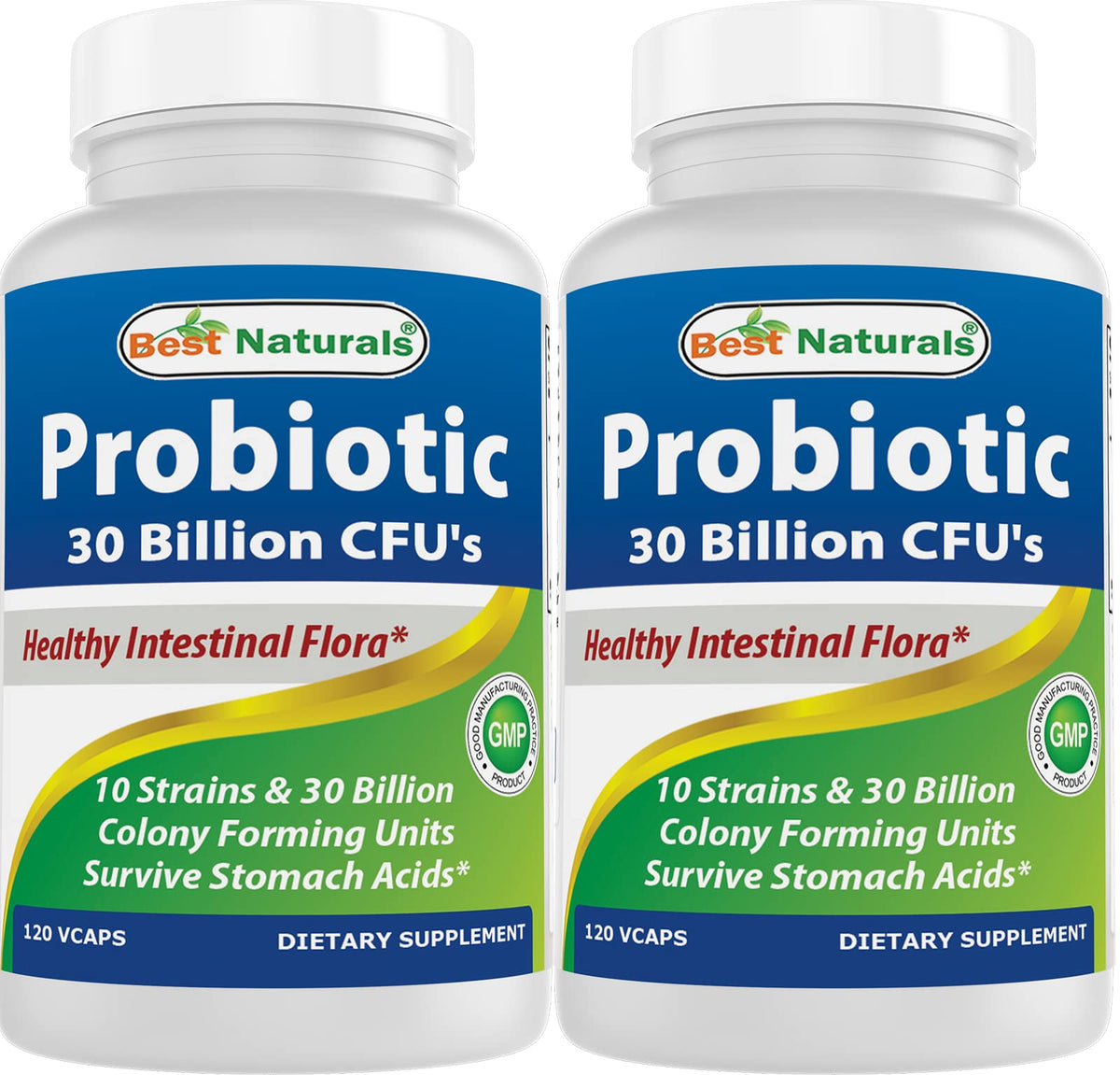Best Naturals probiotic 10 strains bottle front showing shelf-stable design for daily use