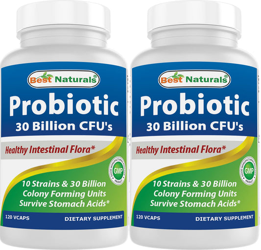 Best Naturals probiotic 10 strains bottle front showing shelf-stable design for daily use