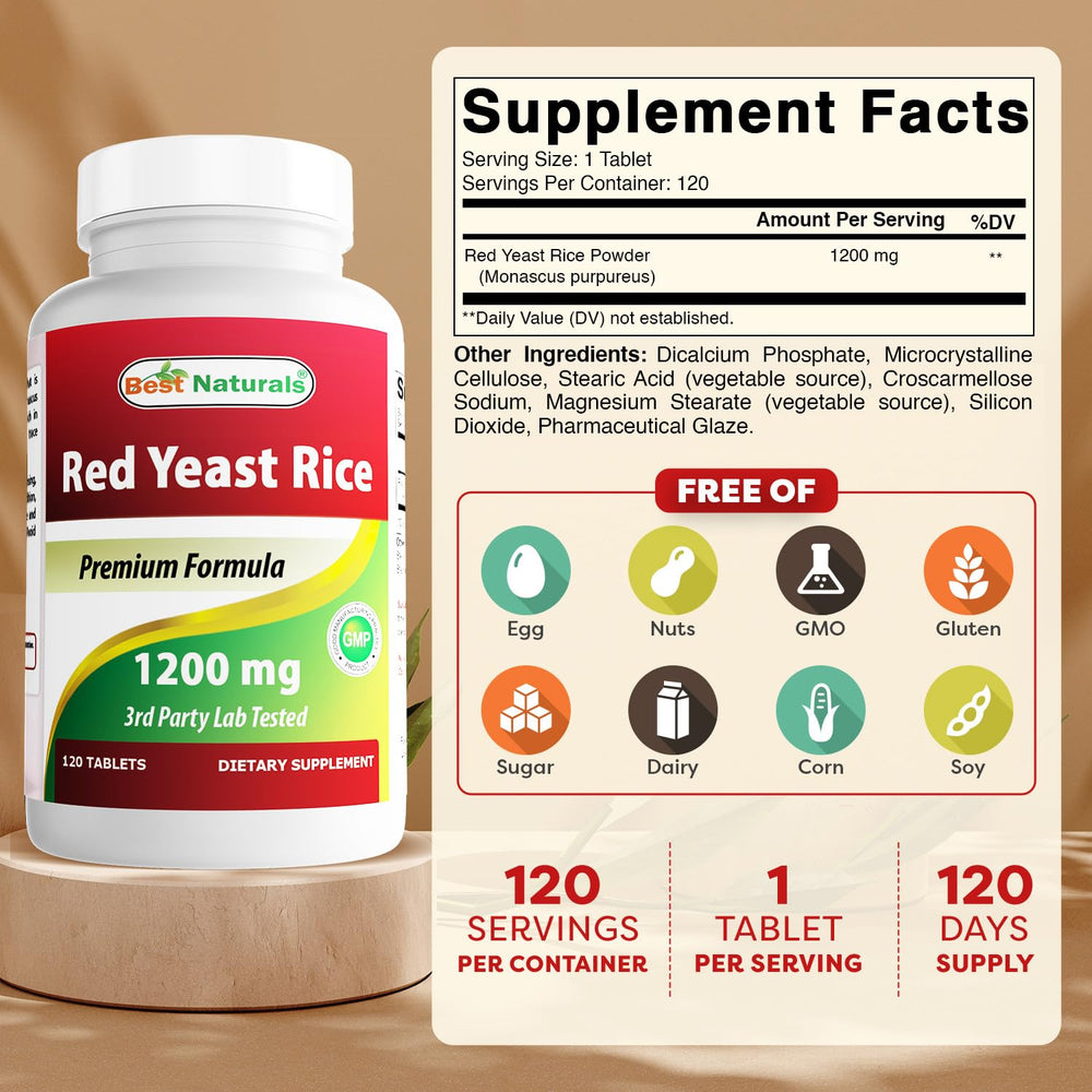 Close-up of Best Naturals Red Yeast Rice 1200 mg tablets for daily use