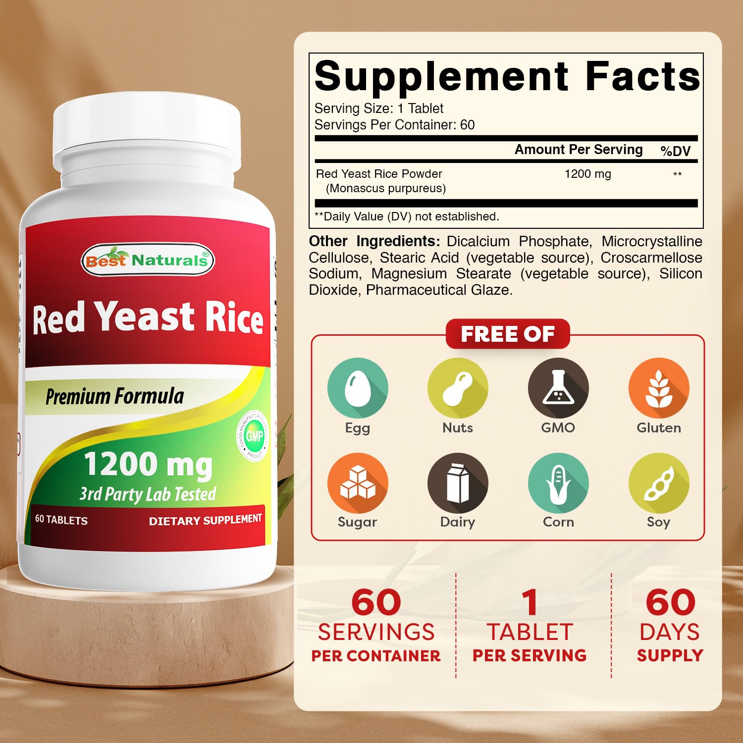 Best Naturals Red Yeast Rice cap close-up with 1200 mg dosage.