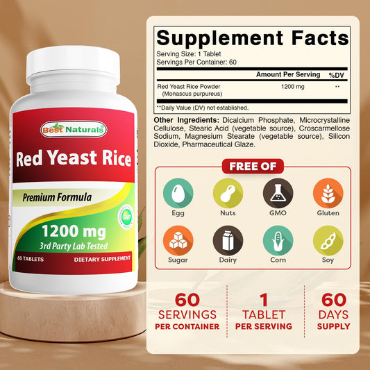 Best Naturals Red Yeast Rice cap close-up with 1200 mg dosage.