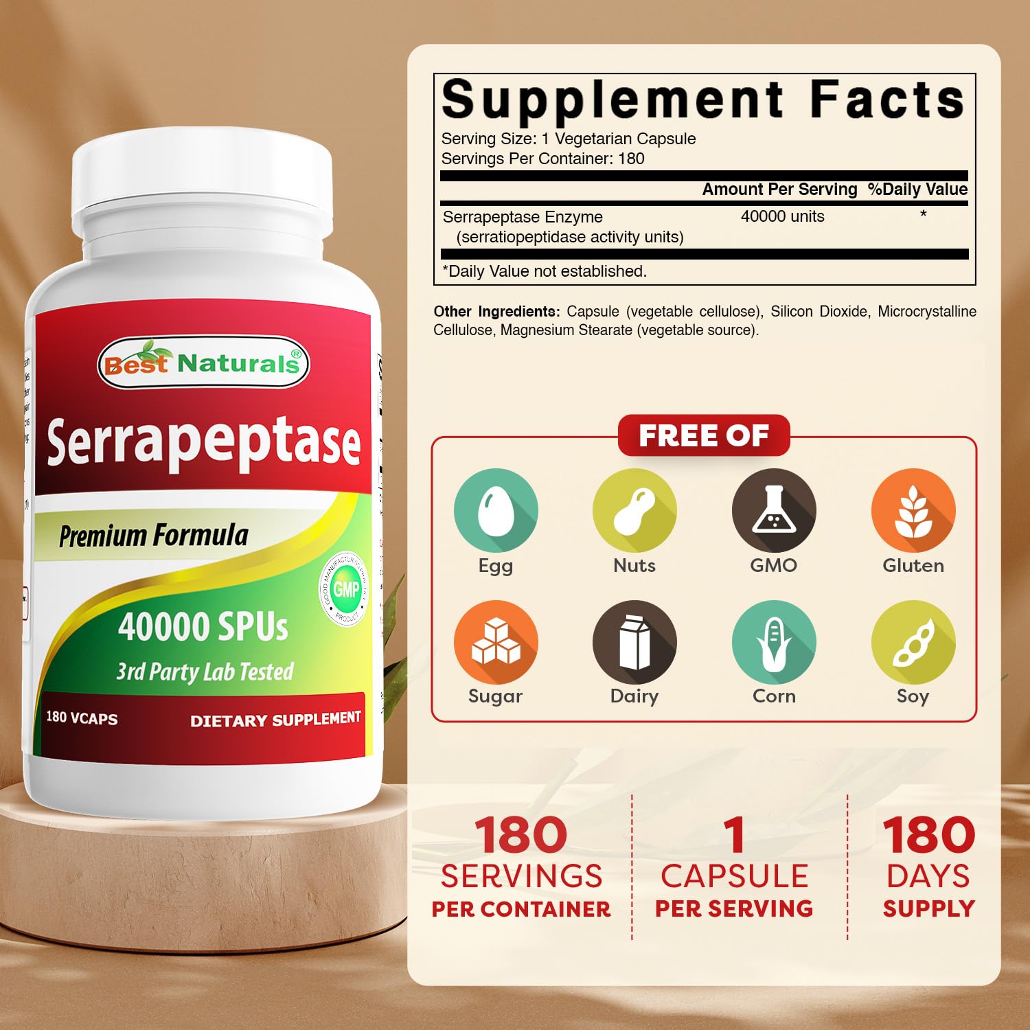 Best Naturals Serrapeptase capsules back noting non GMO and gluten free.