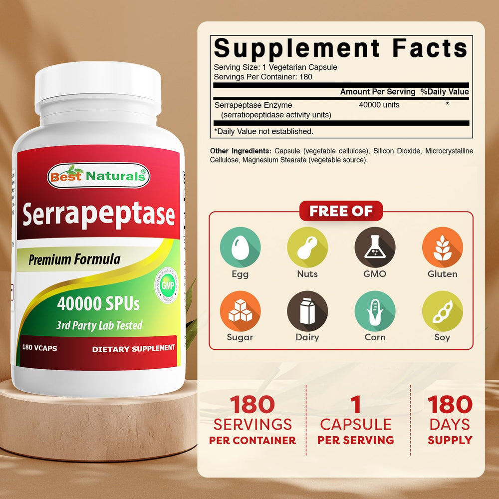 Best Naturals Serrapeptase capsules back noting non GMO and gluten free.