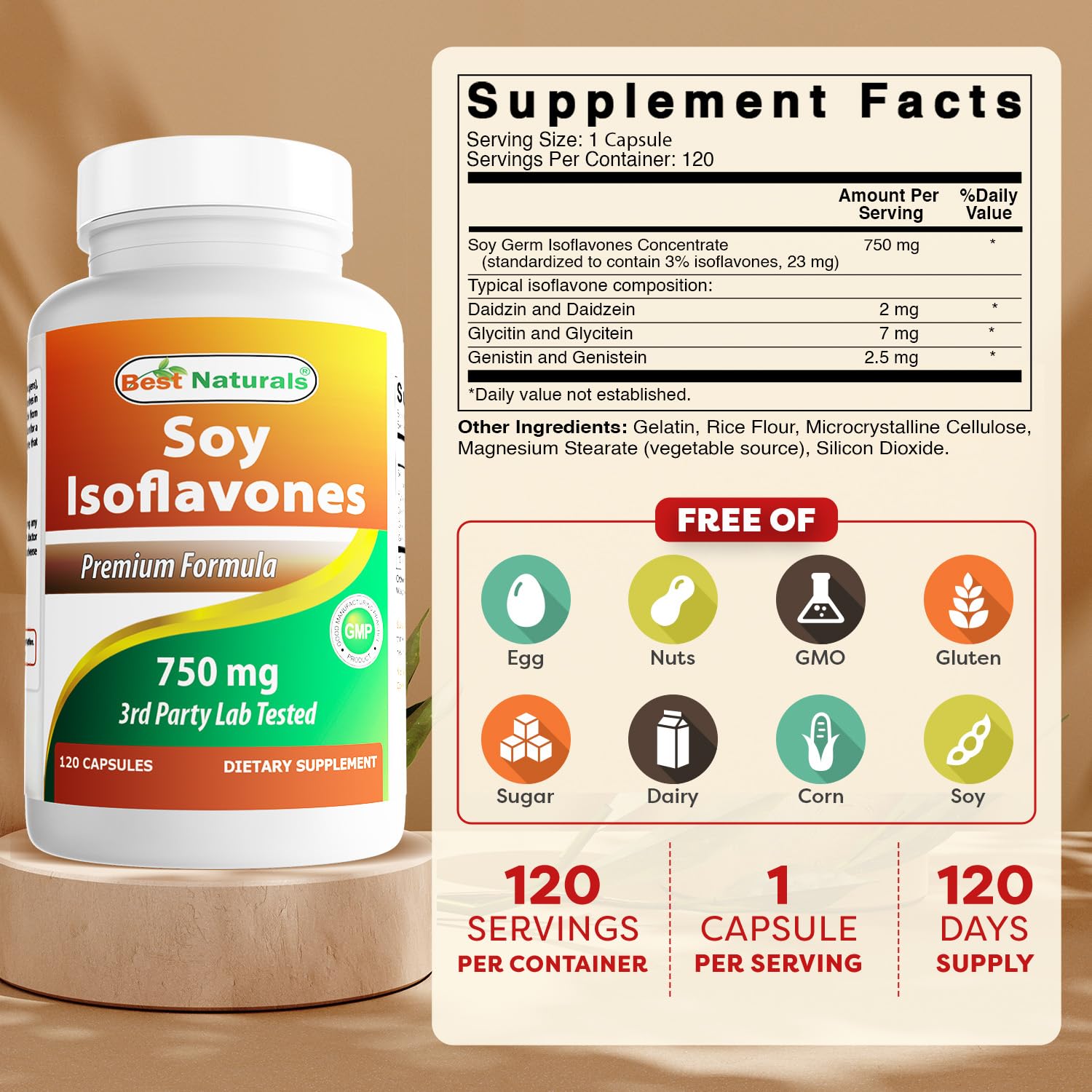 Best Naturals Soy Isoflavones 750 mg bottle label showing purity and ingredients.