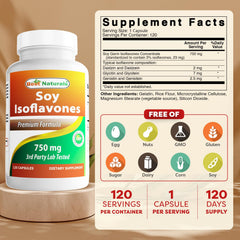 Best Naturals Soy Isoflavones label close-up highlights 750 mg per capsule.