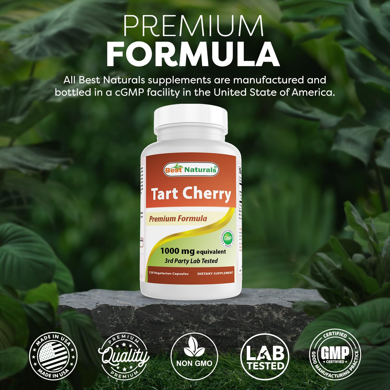 Best Naturals Tart Cherry Extract gluten-free non-GMO icons on label.