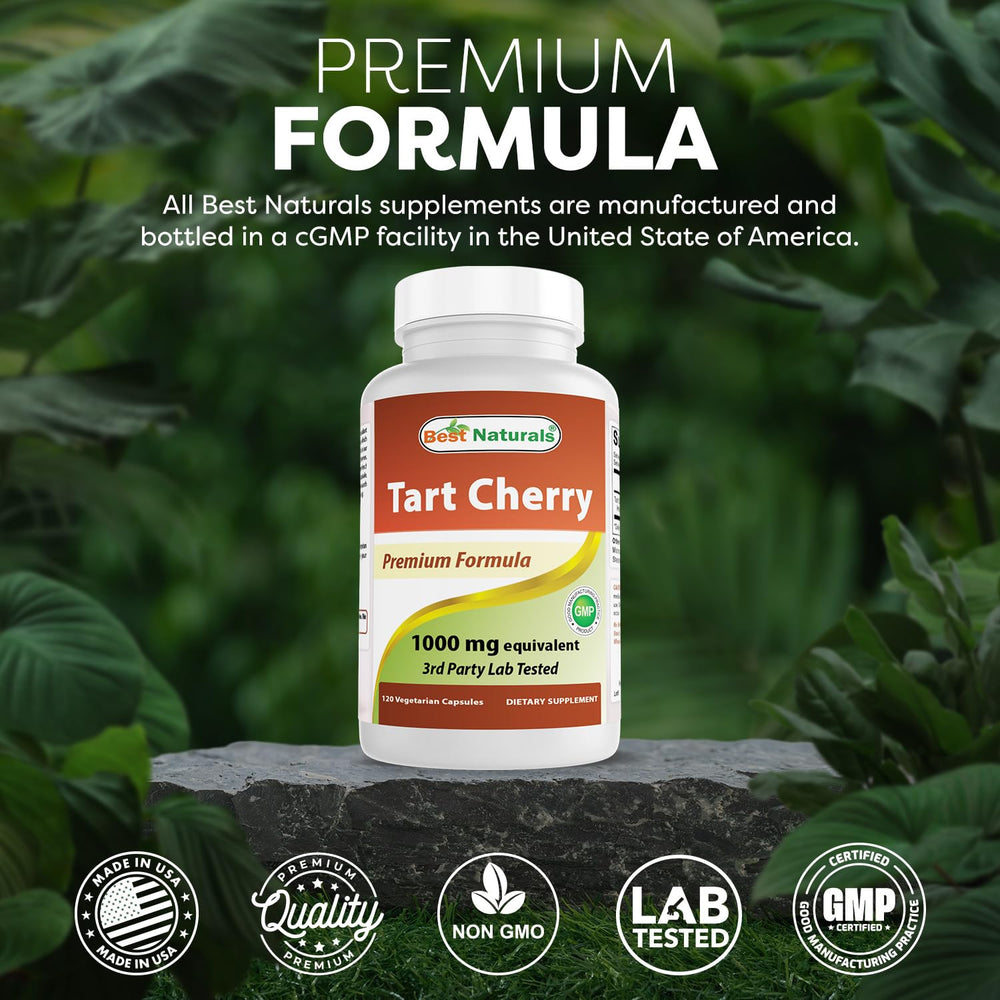Best Naturals Tart Cherry Extract gluten-free non-GMO icons on label.