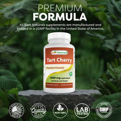 Best Naturals Tart Cherry Extract gluten-free non-GMO icons on label.
