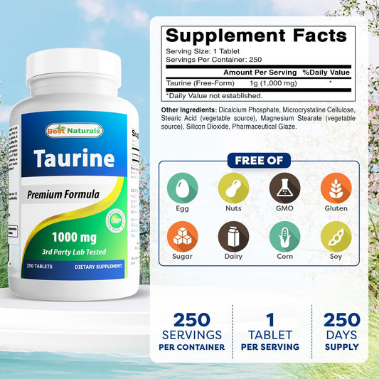 Best Naturals Taurine 1000 mg bottle back lists clear ingredient details.