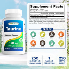 Best Naturals Taurine 1000 mg bottle back lists clear ingredient details.