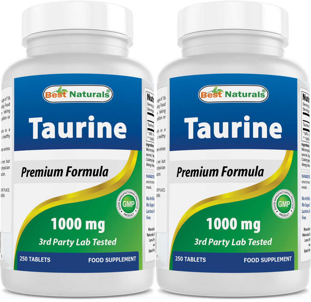 Best Naturals Taurine 1000 mg bottle front emphasizes purity and quality.
