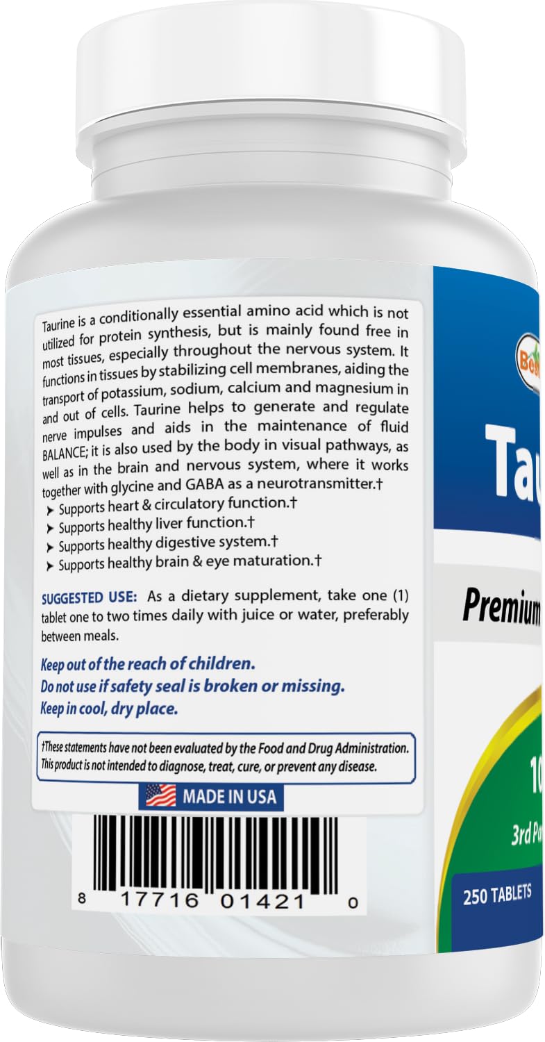 Best Naturals Taurine 1000 mg facility logo signals USA-made GMP production.