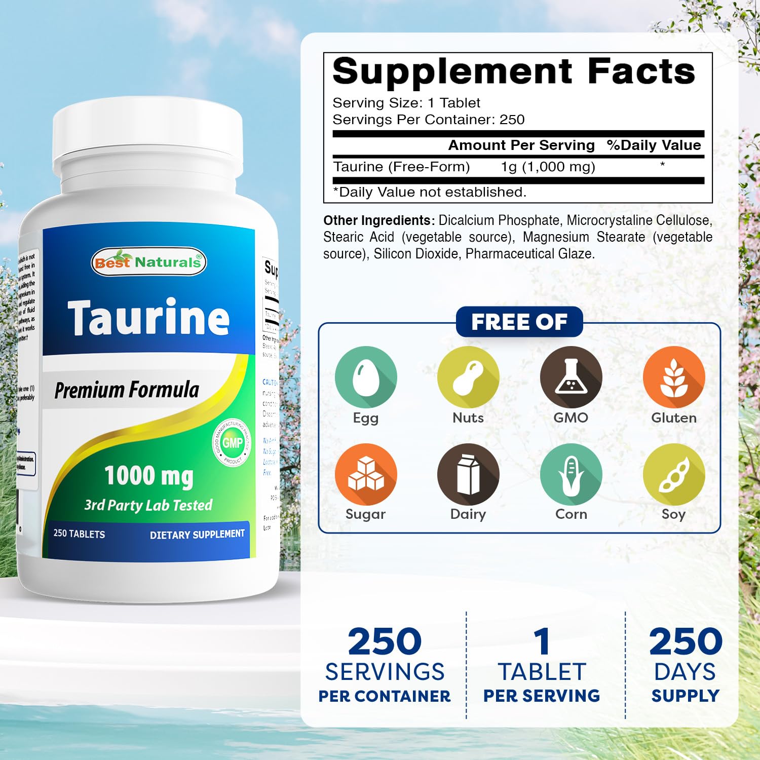 Best Naturals Taurine bottle label highlights GMP quality and USA-made production.