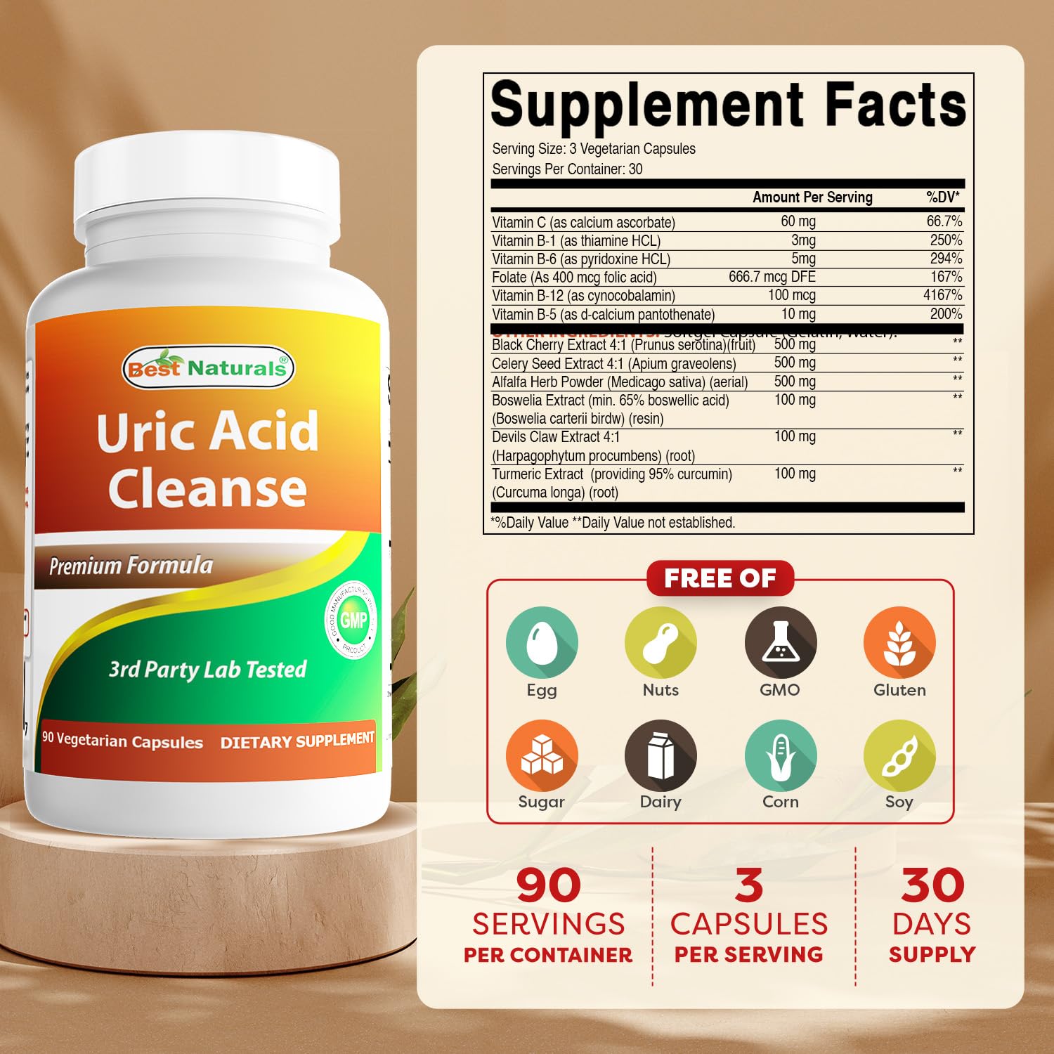 Close-up of Best Naturals Uric Acid Cleanse capsules highlighting a veggie shell for easy supplementation