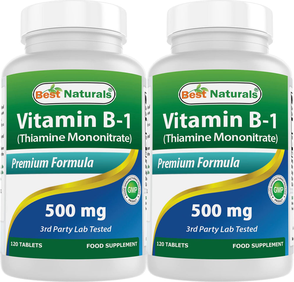 Best Naturals Vitamin B1 tablet front label shows 500 mg strength for daily energy support.