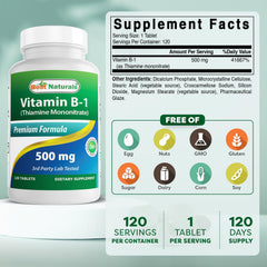 Best Naturals Vitamin B1 tablet closeup; shows 500 mg per tablet for daily use.