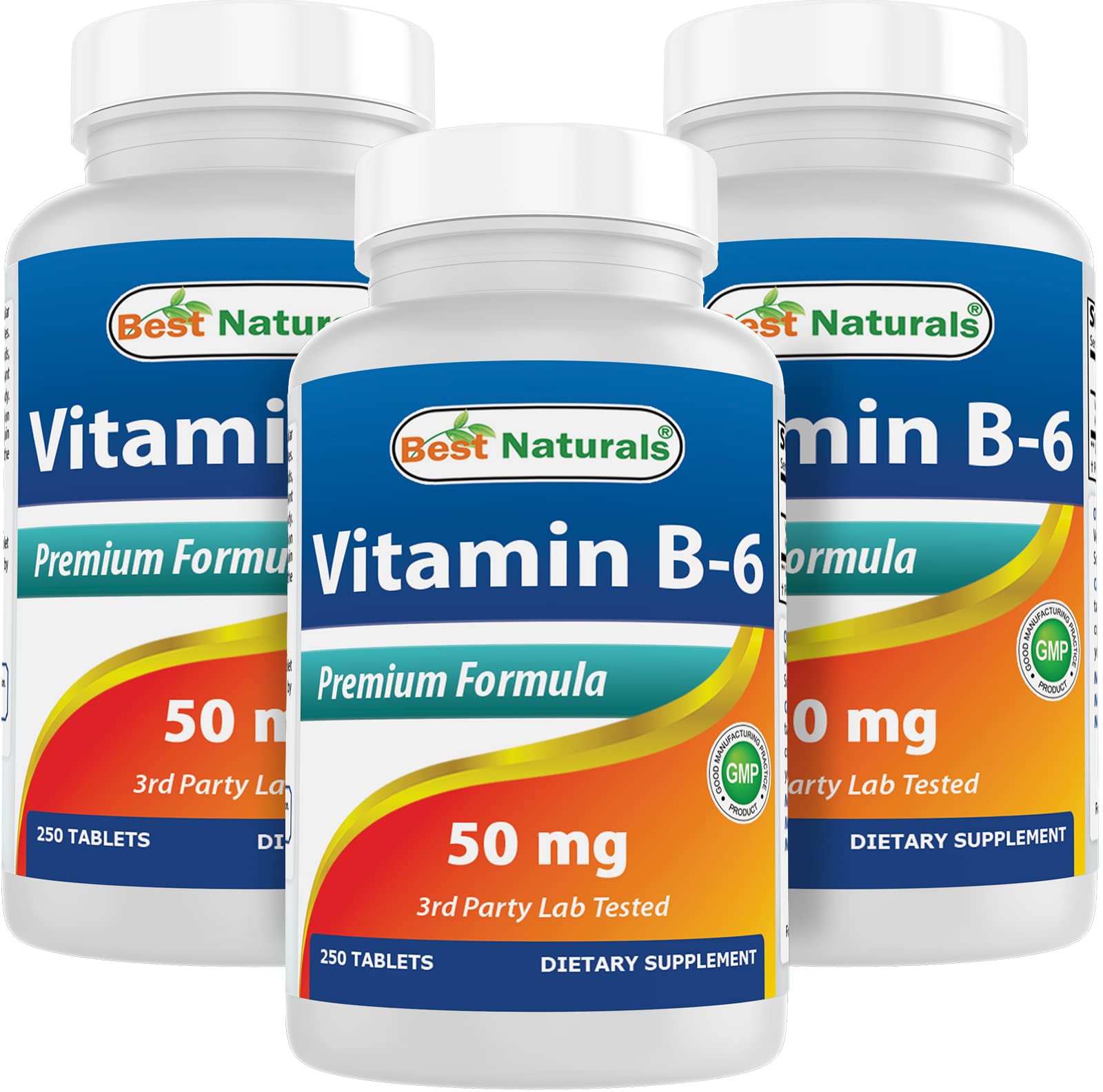 Best Naturals Vitamin B6 bottle front showing 50 mg per tablet and 250 tablets.
