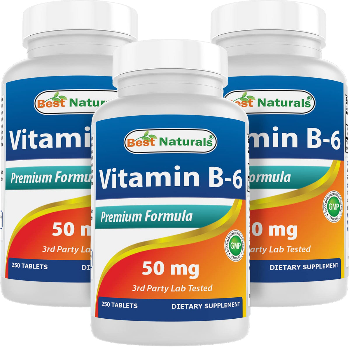 Best Naturals Vitamin B6 bottle front showing 50 mg per tablet and 250 tablets.