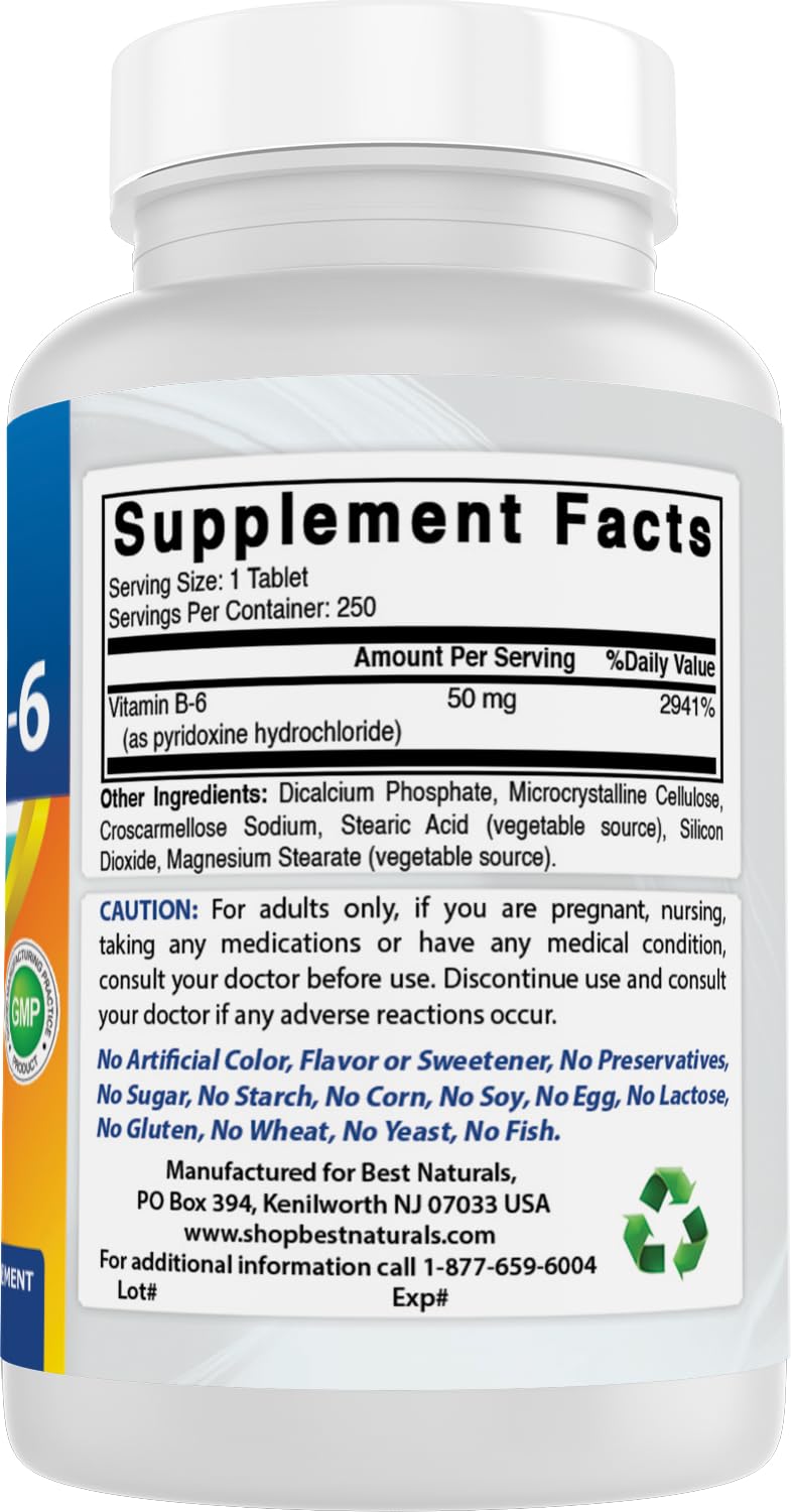 Best Naturals Vitamin B6 packaging with ingredient list for transparency.