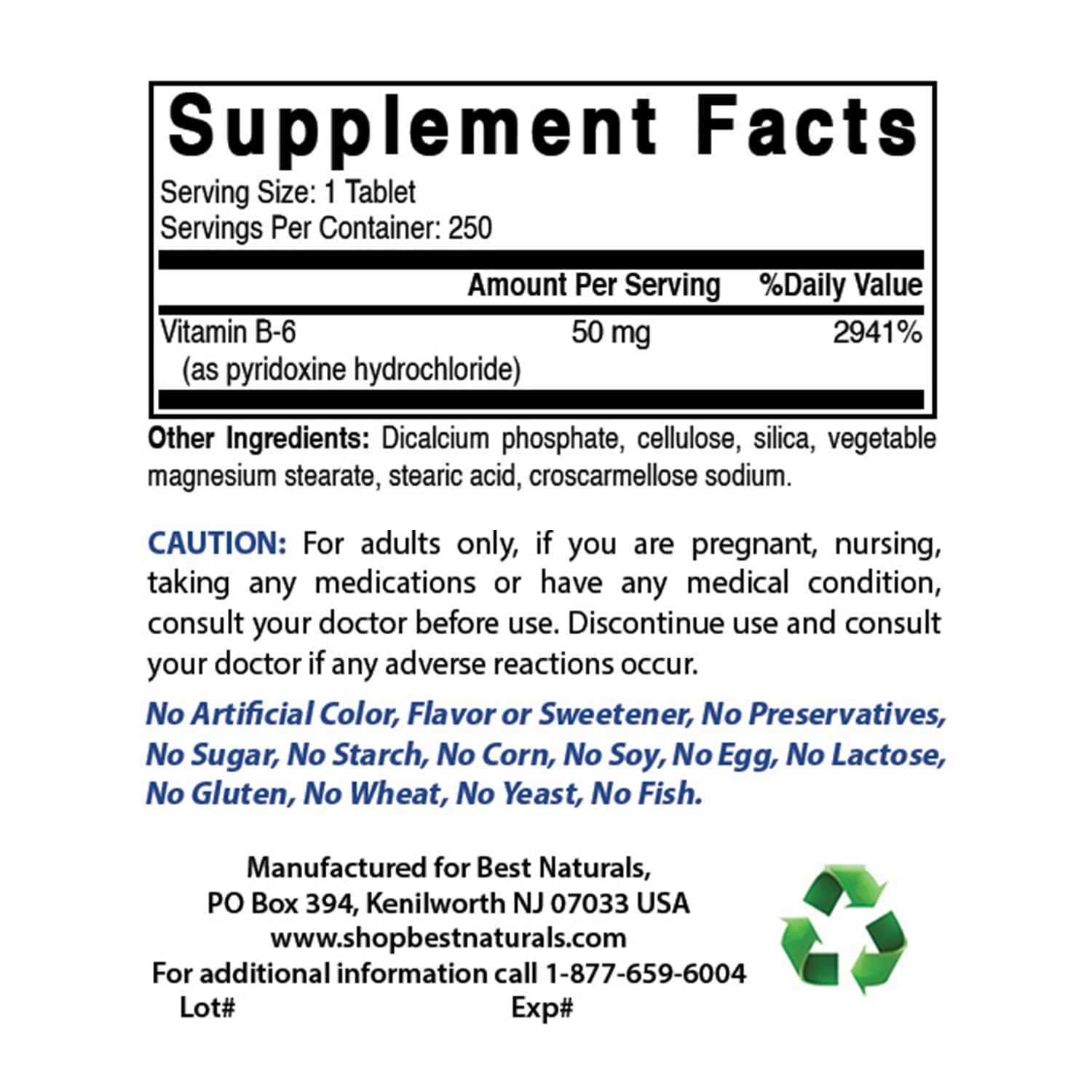 Best Naturals Vitamin B6 label close highlighting gluten-free and non-GMO attributes.
