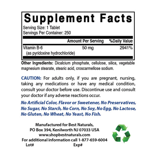 Best Naturals Vitamin B6 label close highlighting gluten-free and non-GMO attributes.