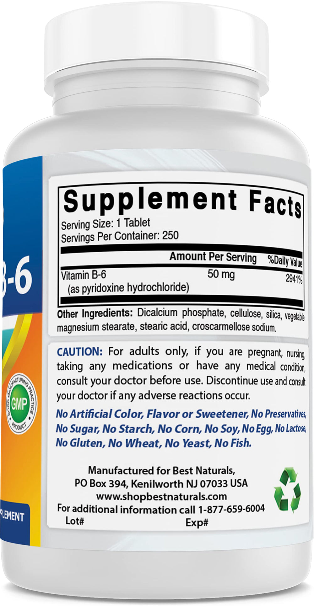 Best Naturals Vitamin B6 tablets stacked to show dosage clarity.