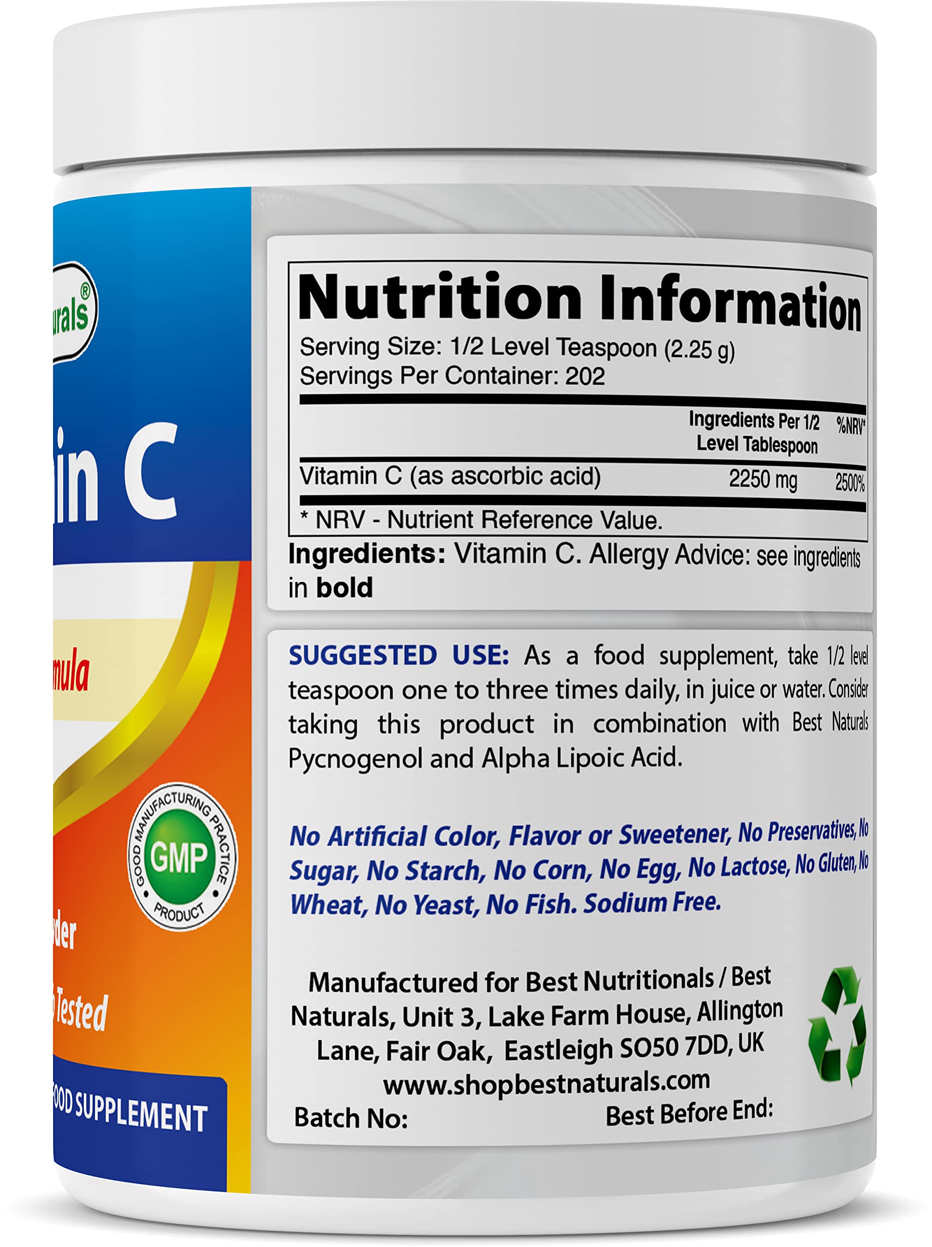 Best Naturals vitamin C powder jar close-up highlights pure ascorbic acid.