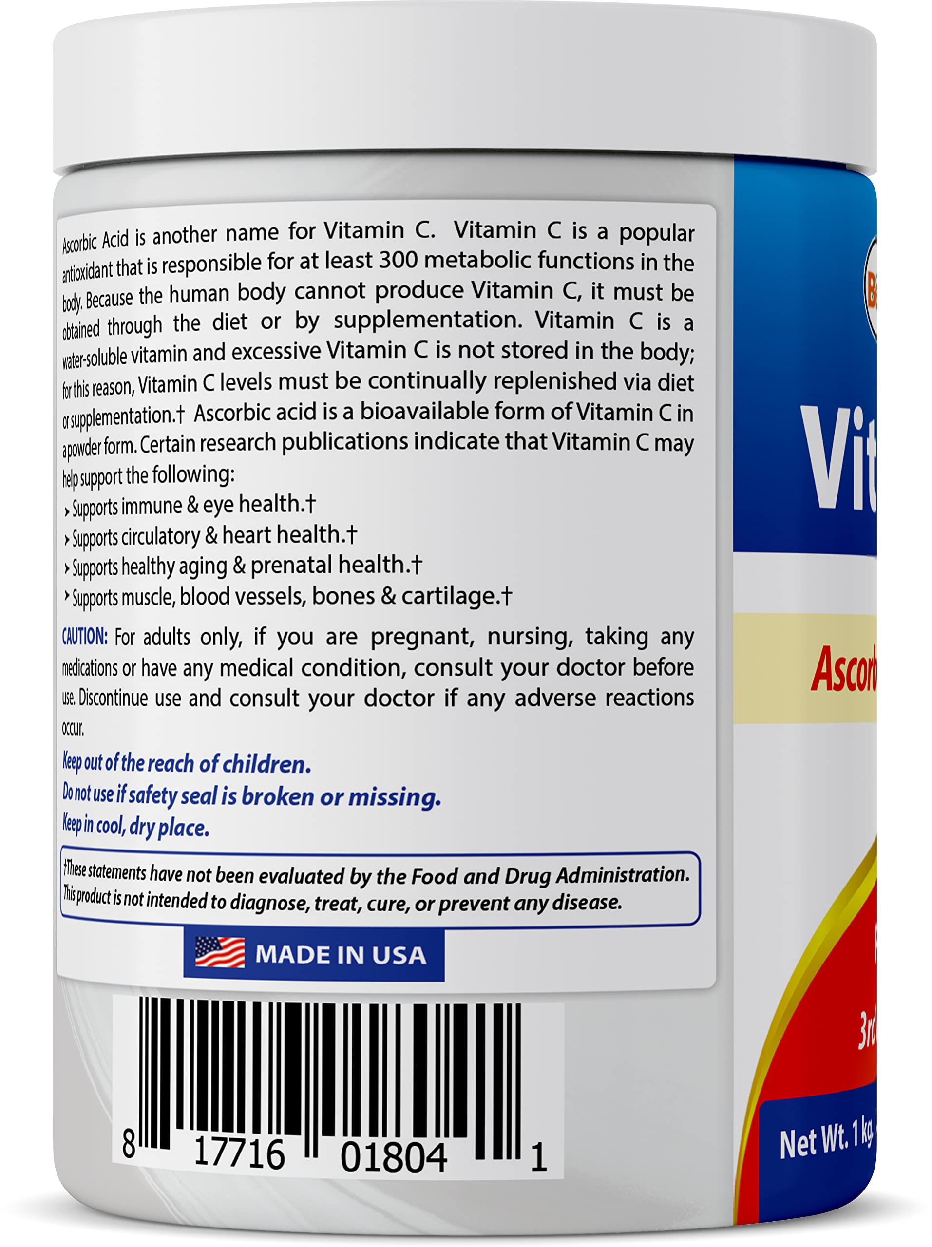 Best Naturals Vitamin C powder jar label highlights USA made quality.