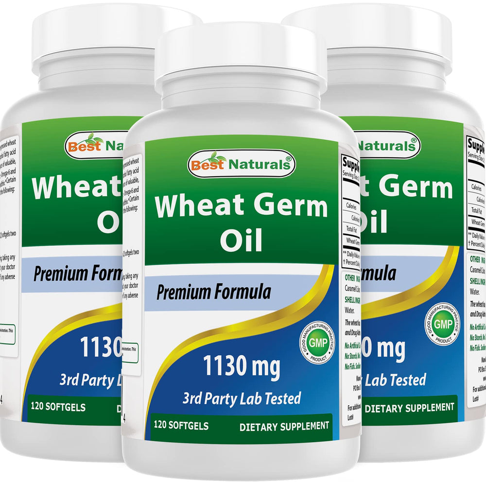 Best Naturals Wheat Germ Oil bottle front with softgels, high-potency daily supplement for skin and vitality.