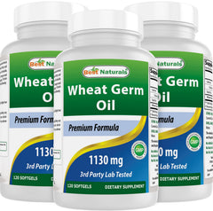 Best Naturals Wheat Germ Oil bottle front with softgels, high-potency daily supplement for skin and vitality.