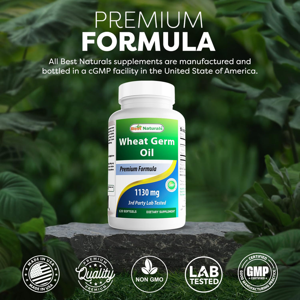 Best Naturals Wheat Germ Oil GMP badge signals trusted quality.