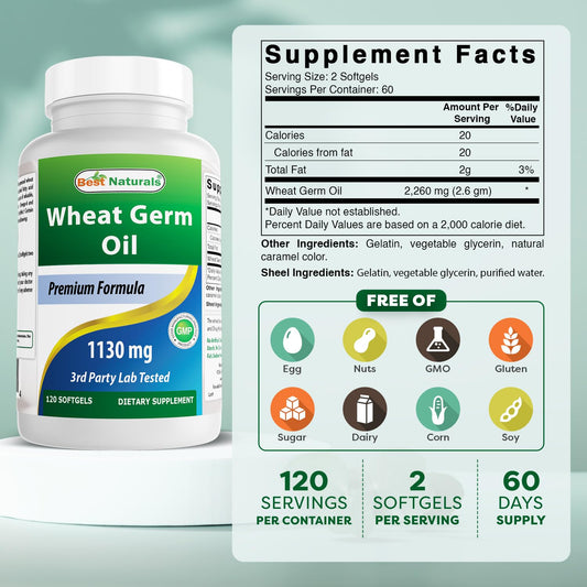 Best Naturals Wheat Germ Oil label close-up highlighting GMP certification and USA-made quality.