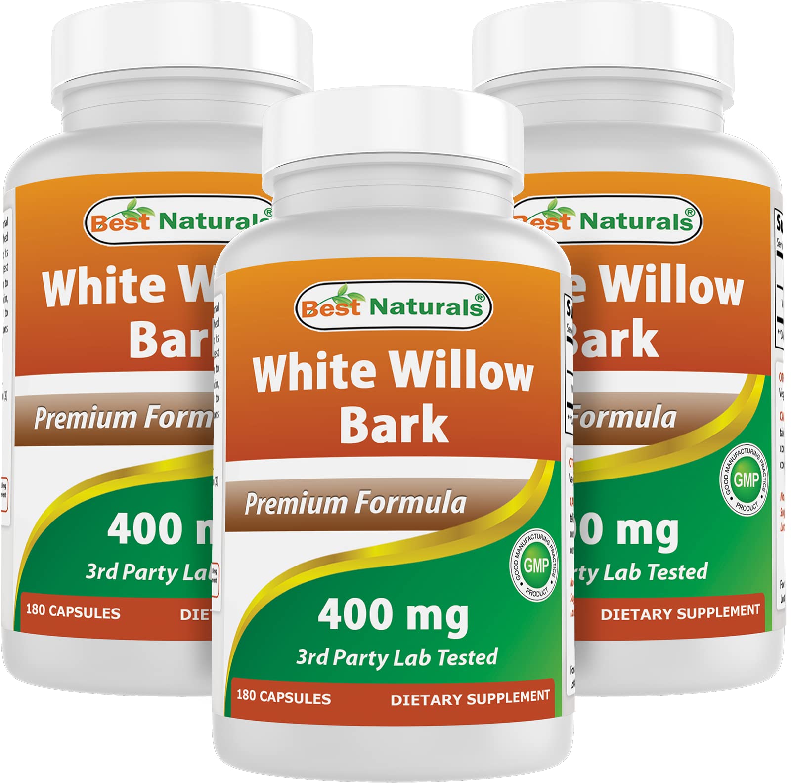 Best Naturals White Willow Bark 400 mg bottle with 180 capsules for potential joint support.