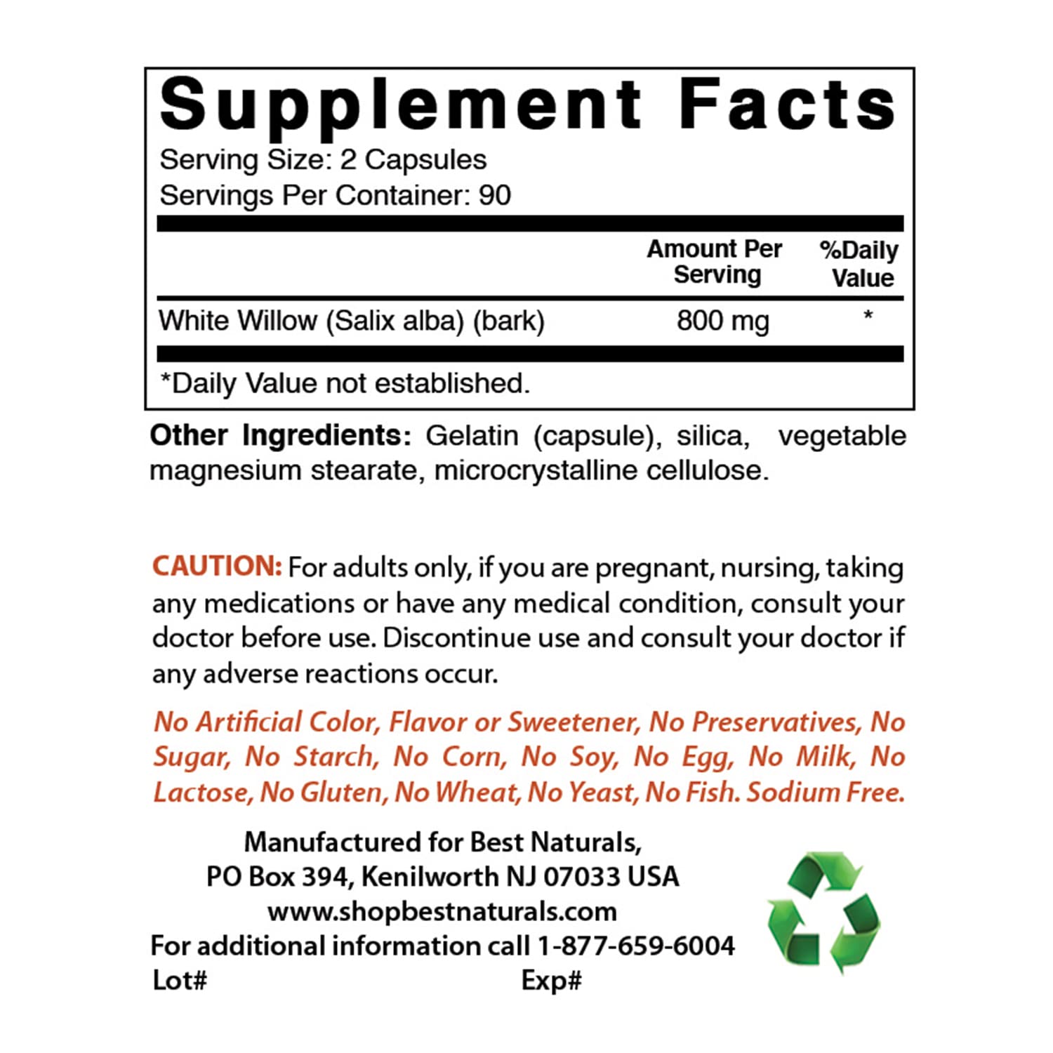 Best Naturals White Willow Bark capsules close-up showing 180-count pack for daily use.