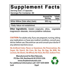 Best Naturals White Willow Bark capsules close-up showing 180-count pack for daily use.