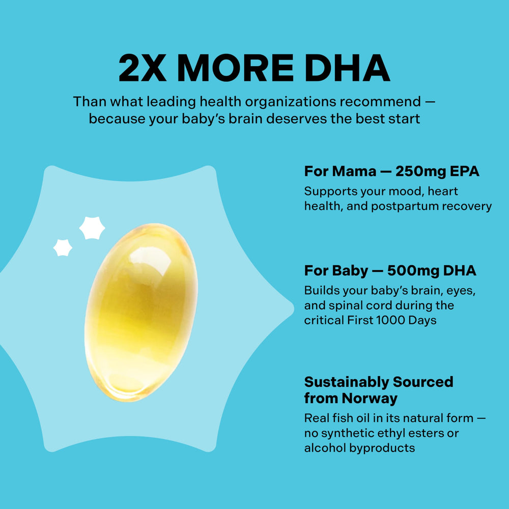 Mama Bird DHA-omega-3 softgels highlighting brain health support