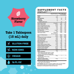 Best Nest Wellness Mama Bird strawberry-liquid vial illustrates tasty nutrition for kids.