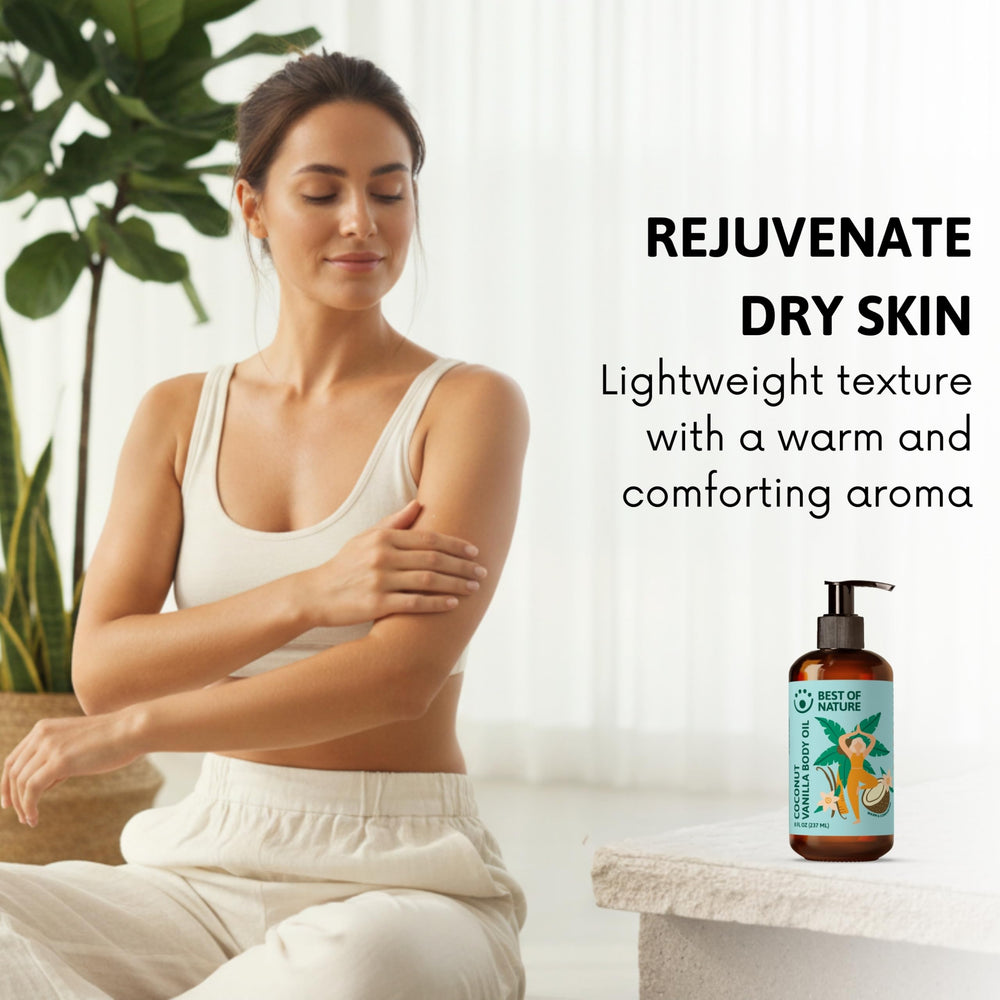 Best of Nature coconut vanilla hydrating oil blend nourishes dry skin.