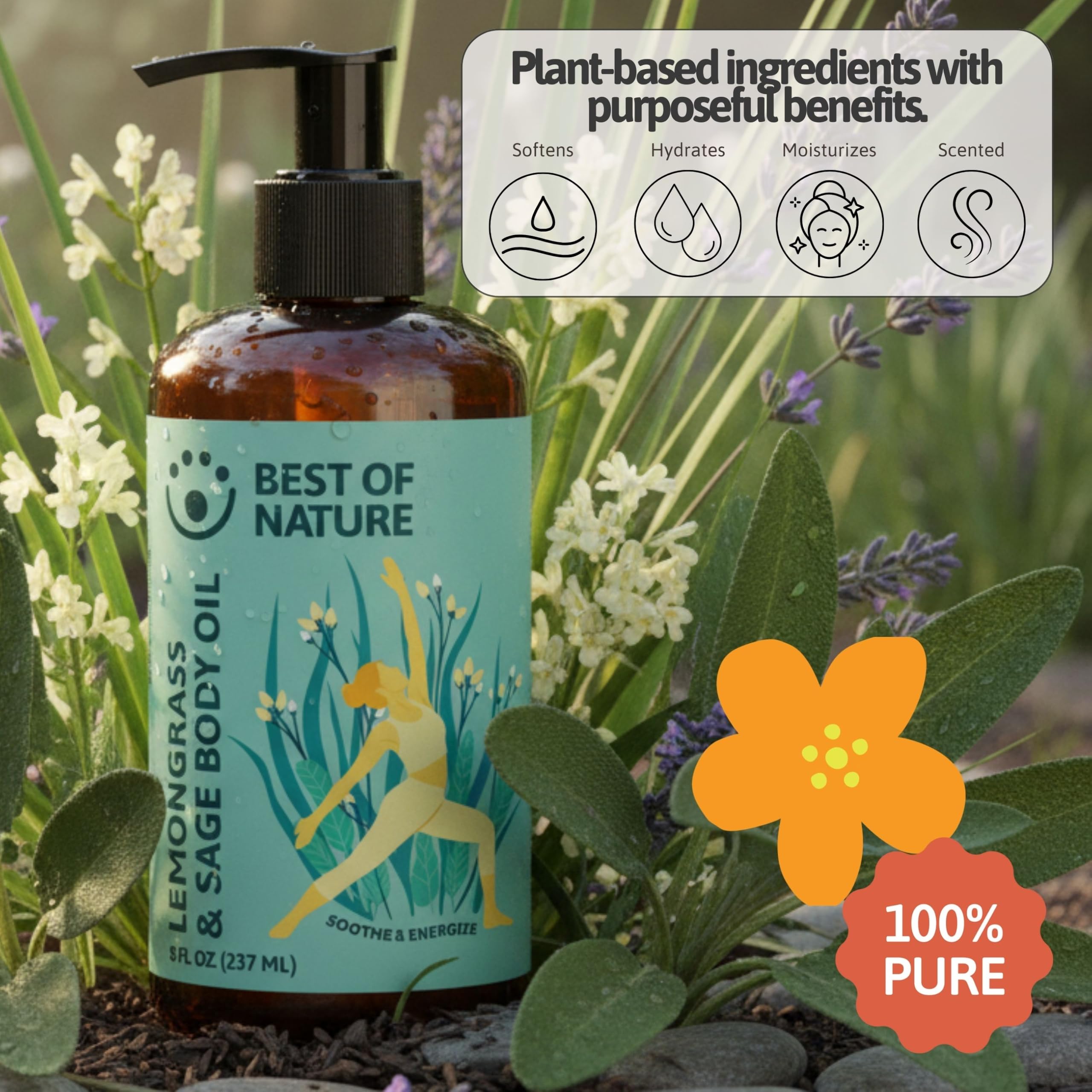 Best of Nature massage oil pour demonstrating a smooth, non-greasy glide
