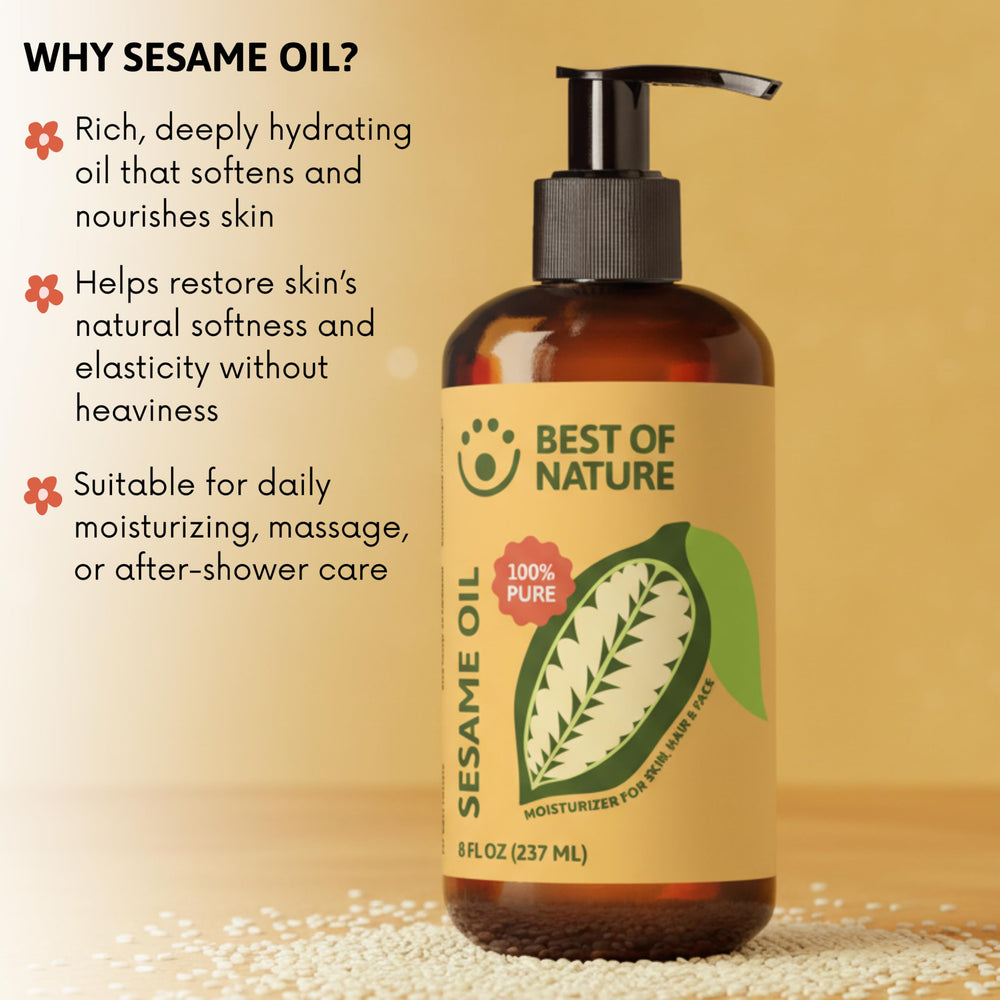 Skincare use of Best of Nature sesame oil leaves skin soft.