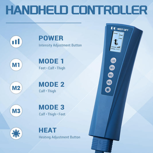 Bestgift air compression leg massager heat feature provides soothing warmth for muscle comfort.