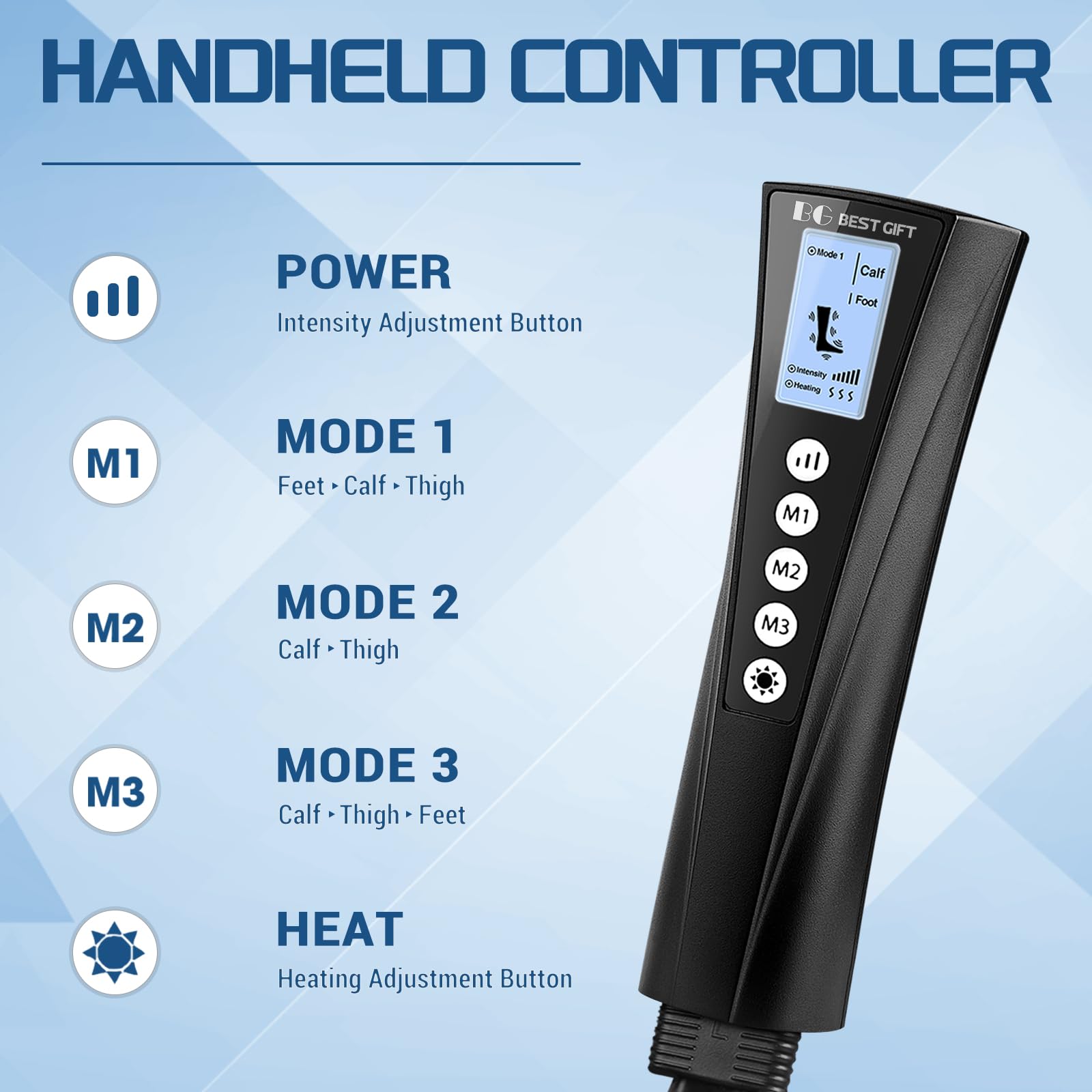 Bestgift leg massager remote control showing easy mode and intensity selection
