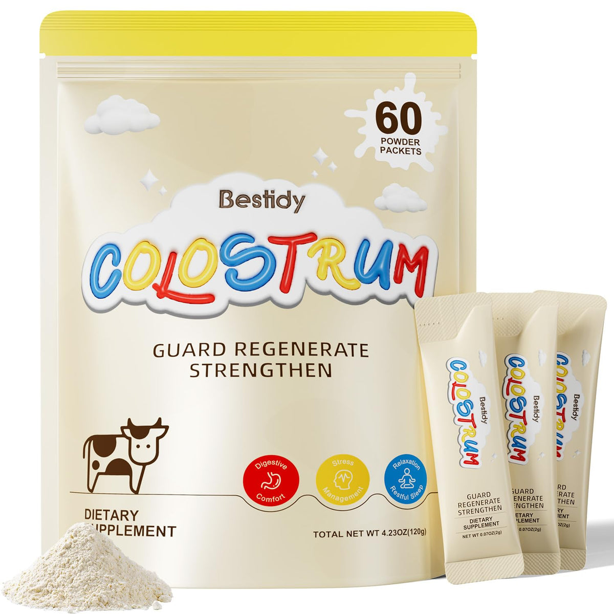 Bestidy colostrum powder bottle pour showing premium packaging and easy dosing.