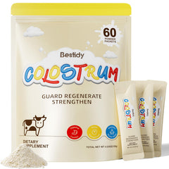 Bestidy colostrum powder bottle pour showing premium packaging and easy dosing.
