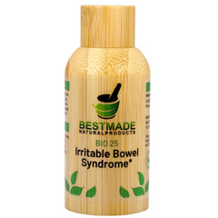 Bestmade Bio25 bottle close-up showing natural ingredients for gentle digestive support.