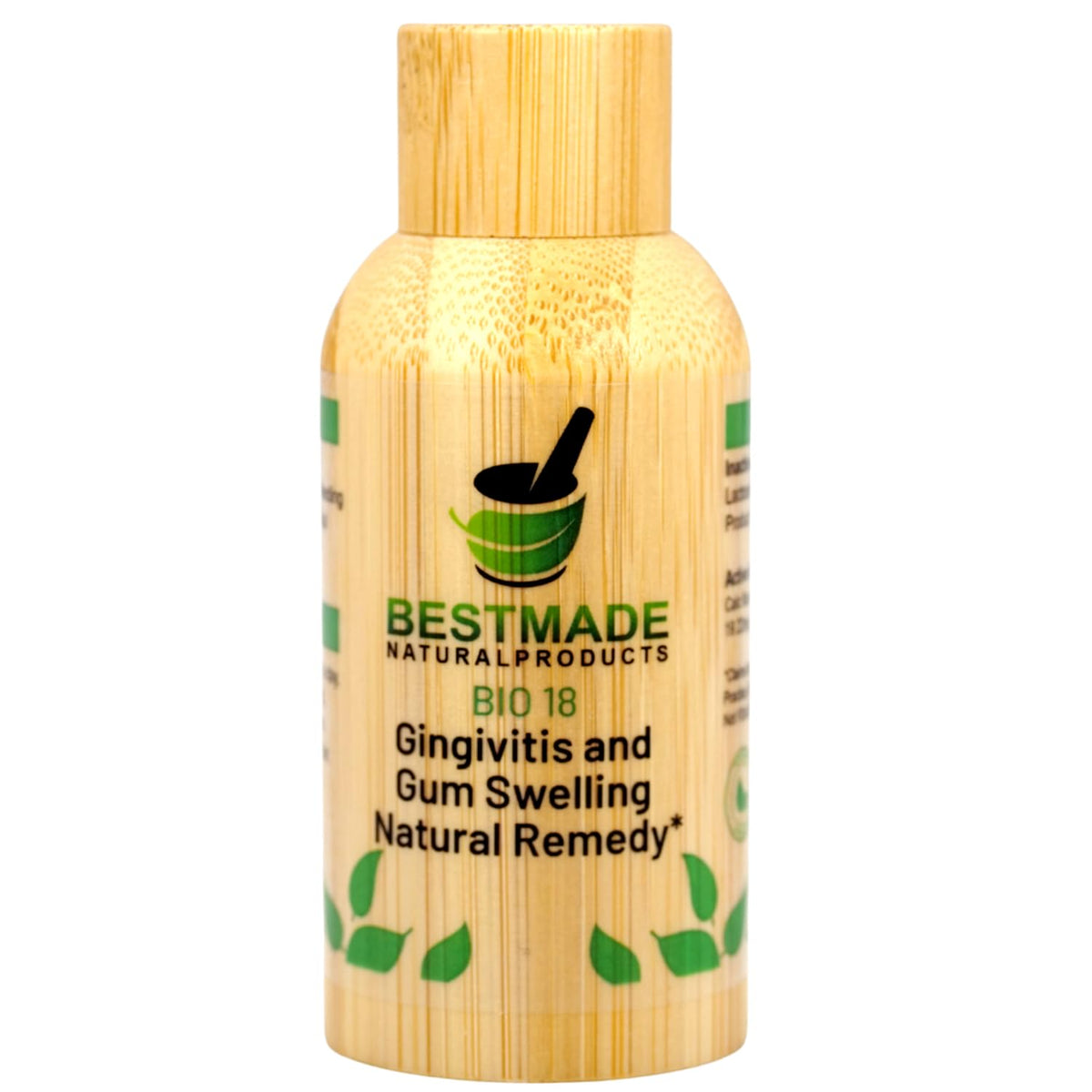 Bestmade Gingivitis Remedy BIO18 bottle label showing natural ingredients for daily oral health support