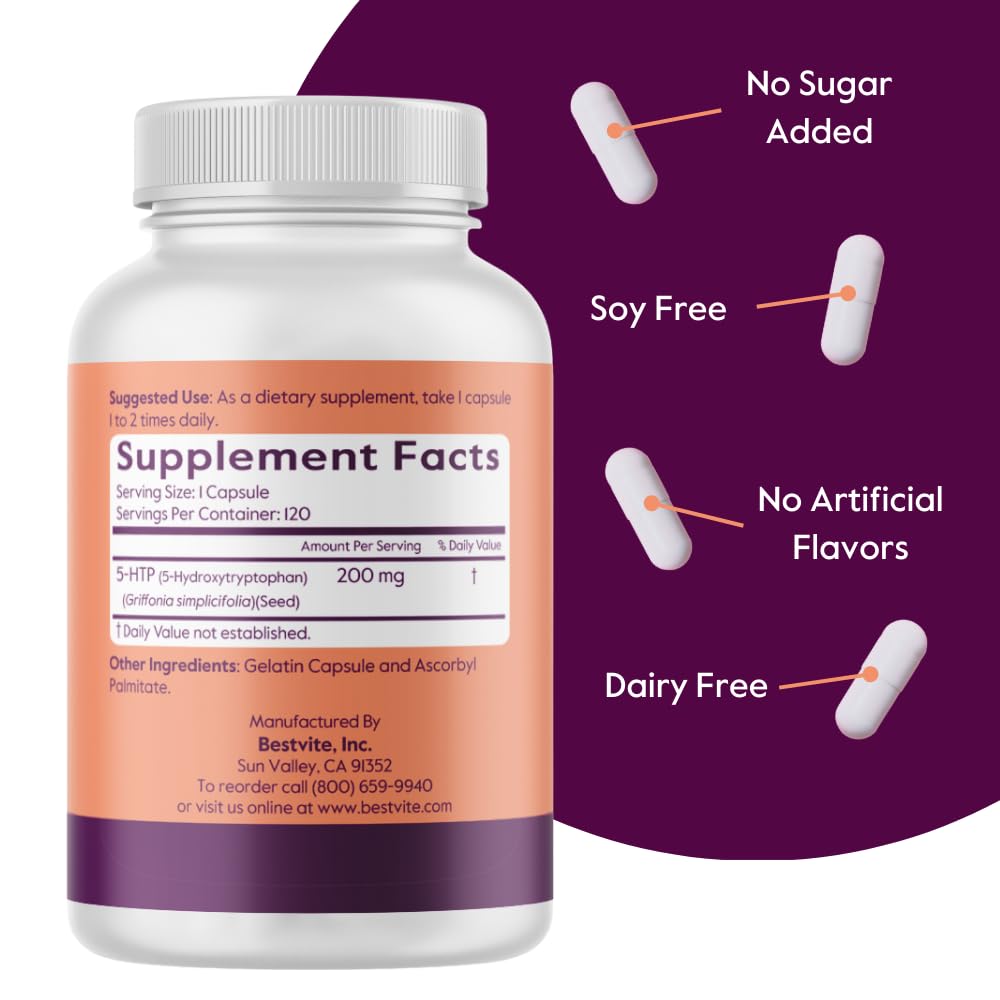 Bestvite 5-HTP label gluten-free non-GMO communicates clean formula.